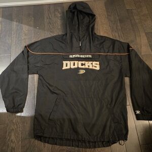 Anaheim Ducks Half Zip Jacket Mens L Black Orange Face Off Reebok Windbreaker
